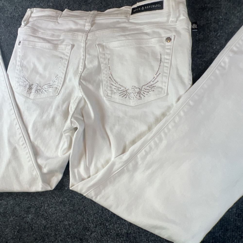Rock & Republic Kasandra Bootcut Jeans Womens 12M 32x28 White Rhinestone Pockets